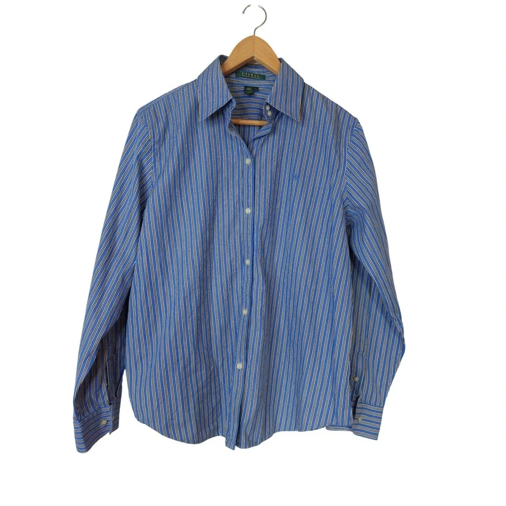 Lauren Ralph Lauren Women's Blue Striped Cotton Button Down Shirt Size Large